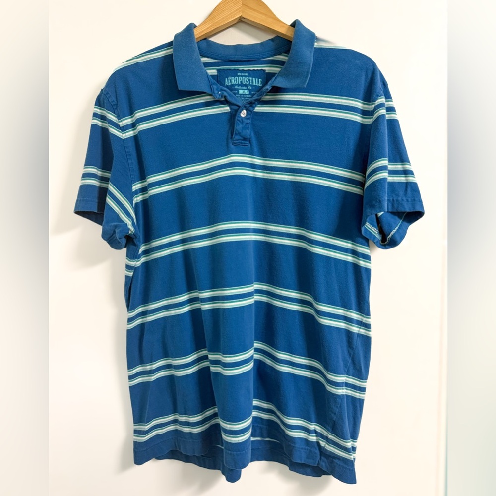 Aeropostale Teal Blue Striped Cotton Polo Shirt Men’s XL